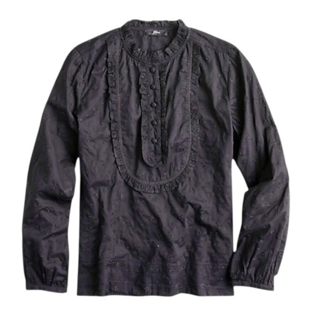 J.Crew Ruffle Eyelet Long Sleeve Shirt Black Cotton Small
